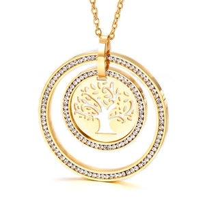 Gold hollow tree of life pendant necklace with sparkling crystal encrusted double rings