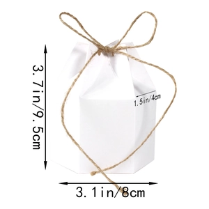 White hexagonal kraft paper gift box with twine bow including detailed size specifications
