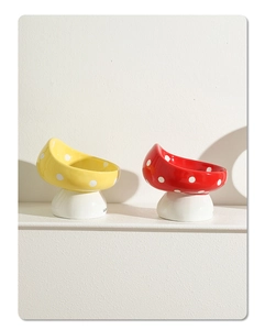 Bols pour animaux en céramique motif champignon rouge et jaune avec supports surélevés