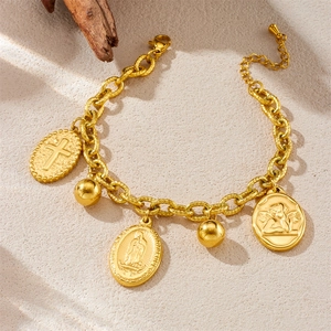 Golden stainless steel chain bracelet with religious cross and virgin mary charms