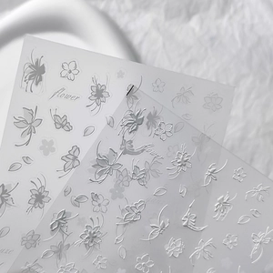 5D embossed white flower nail art stickers with 3D floral petals and elegant script