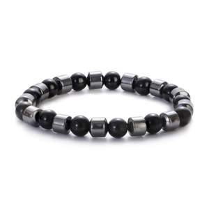 8mm black hematite beaded bracelet featuring dark metallic cylinder accents on white background