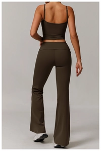 Back view of slim fit chocolate brown yoga set with sports bra and flare leggings