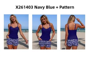 Three views of a navy blue tankini with V-neck top and geometric high-waisted shorts