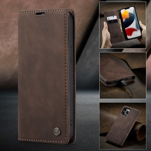 Detail of dark brown leather wallet case with three card slots and money pocket for iPhone