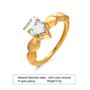 Detail of 6mm heart-shaped AAA cubic zirconia on gold plated stainless steel ring