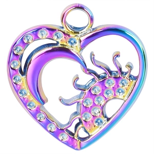 Rainbow heart pendant necklace with moon and star cutout, featuring sparkling rhinestones