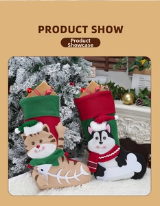 Detail of cartoon cat and dog Christmas stockings with plush fabric and 3D bow tie