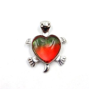Macro-detail van zilveren schildpad hanger met hartvormig groen en rood verloop kristal