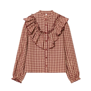 Women's plaid long sleeve shirt with tiered ruffle trim and red check pattern