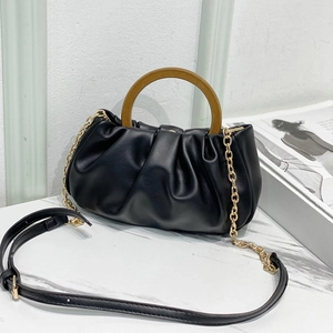 Women Ruched Cloud Bag PU Leather Handbag With Round Wooden Handle And Metal Chain Strap Fashion Shoulder Crossbody Bag
