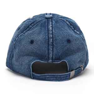 Rear view of washed denim baseball cap with embroidery and adjustable strap