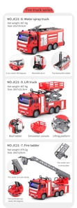Detailed views of red fire truck toy models with dimensions and rotating ladder features