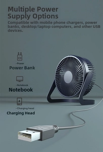 Deep blue USB desk fan with high-density grille and adjustable U-shaped stand for office use