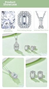 Macro details of emerald cut moissanite necklace and stud earrings in S925 silver set