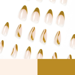 Unghie finte a mandorla nude con punte French giallo senape e design a onde
