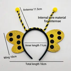 Glittery bee-themed headband with adjustable antennae and yellow wings for kids' parties