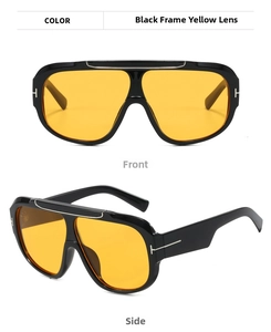 Front and side view of large frame aviator sunglasses with yellow lenses and T-metal hinge