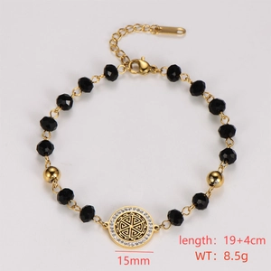Detailed view of beaded bracelet with gold sun pendant and 19+4cm length specifications
