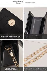 Detail view of black jelly bag with magnetic closure, reinforced stitching, and chain strap