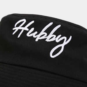 Black cotton bucket hat featuring high-quality white Hubby script embroidery for couples
