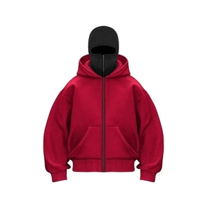 Unisex red full-zip hoodie with integrated black balaclava mask and fleece texture