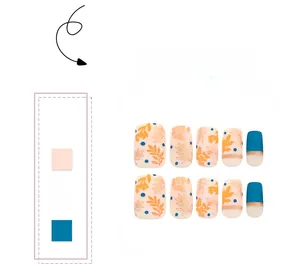 Blue and beige press-on nails set with orange branch patterns and navy dots