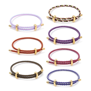 Adjustable braided rope bracelets with metal buckles in various colors on white background