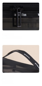 Detail of dual metal zippers and branded woven handle on black mesh makeup bag