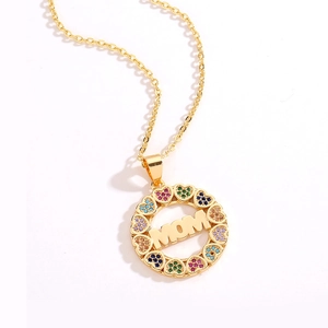 Classic gold MOM pendant necklace with colorful cubic zirconia heart charms for women