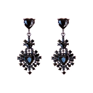 Gothic vintage black heart drop earrings with silver needle and faceted crystals