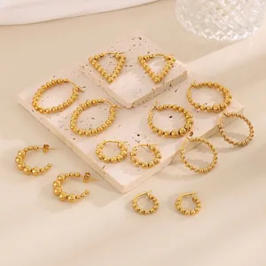Beaded Hoop Earrings Stainless Steel Geometric C Shape Gold Plated Minimalist Retro Fashion Jewelry For Women Girls