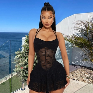 Robe Mini Femme Sexy Dentelle Mesh Dos Nu Licou Lacé Croisé Patchwork Sans Manches Fête Vacances Streetwear