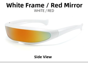 Side view of futuristic white frame wraparound sports sunglasses with red mirrored lenses