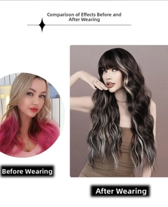 Before and after comparison of long wavy wig with dark brown and ash blonde highlights