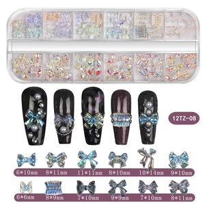 Iridescent 3D bow and ribbon nail art rhinestones kit with 12 designs and storage box