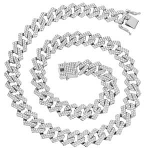 Silver 14mm rhombic iced out Cuban chain necklace with sparkling double row rhinestones