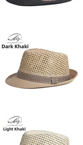 Close-up of breathable hollow weave texture and striped ribbon on straw fedora hats