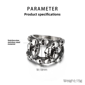 Détail de la bague tête de mort punk de 18 mm avec spécifications du poids en acier