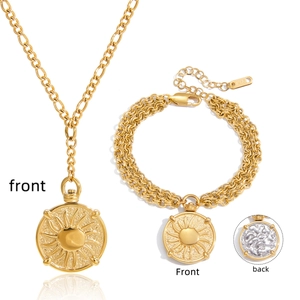 Golden sun pendant necklace and double-chain bracelet set made of premium titanium steel