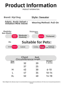 Size chart showing chest and back length measurements for striped pet dog sweaters