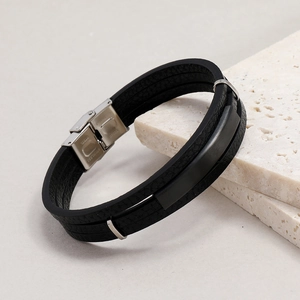 Men's multilayer black leather bracelet with stainless steel clasp on stone blocks
