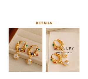 Detail of vintage gold earrings with colorful beads and baroque pearls on display