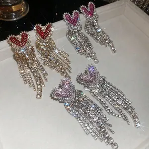 Sparkling silver needle heart tassel earrings with micro-inlaid rhinestones in three colors