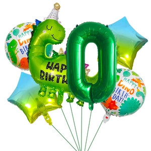 Detailed set of green dinosaur aluminum foil balloons for birthday party decorations