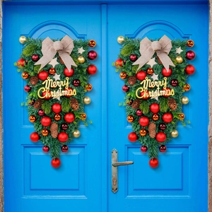 Christmas Teardrop Swag Hanging Decoration Simulation Pine Needles Pinecone Linen Bow Festive Door Wall Ornament