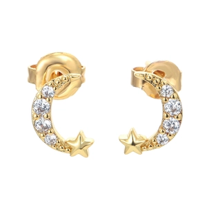 Gold star and moon stud earrings with micro-paved cubic zirconia crystals in gold finish