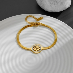 Gold stainless steel snake chain bracelet with sparkling zircon tree of life pendant