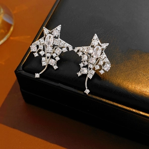 Detail of silver star earrings with white zircon on a black leather jewelry box