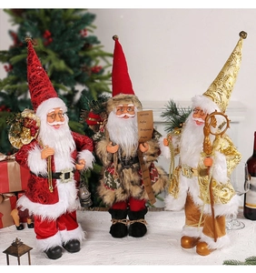 Three 18-inch standing Santa Claus dolls in red, gold and brown for Christmas decor